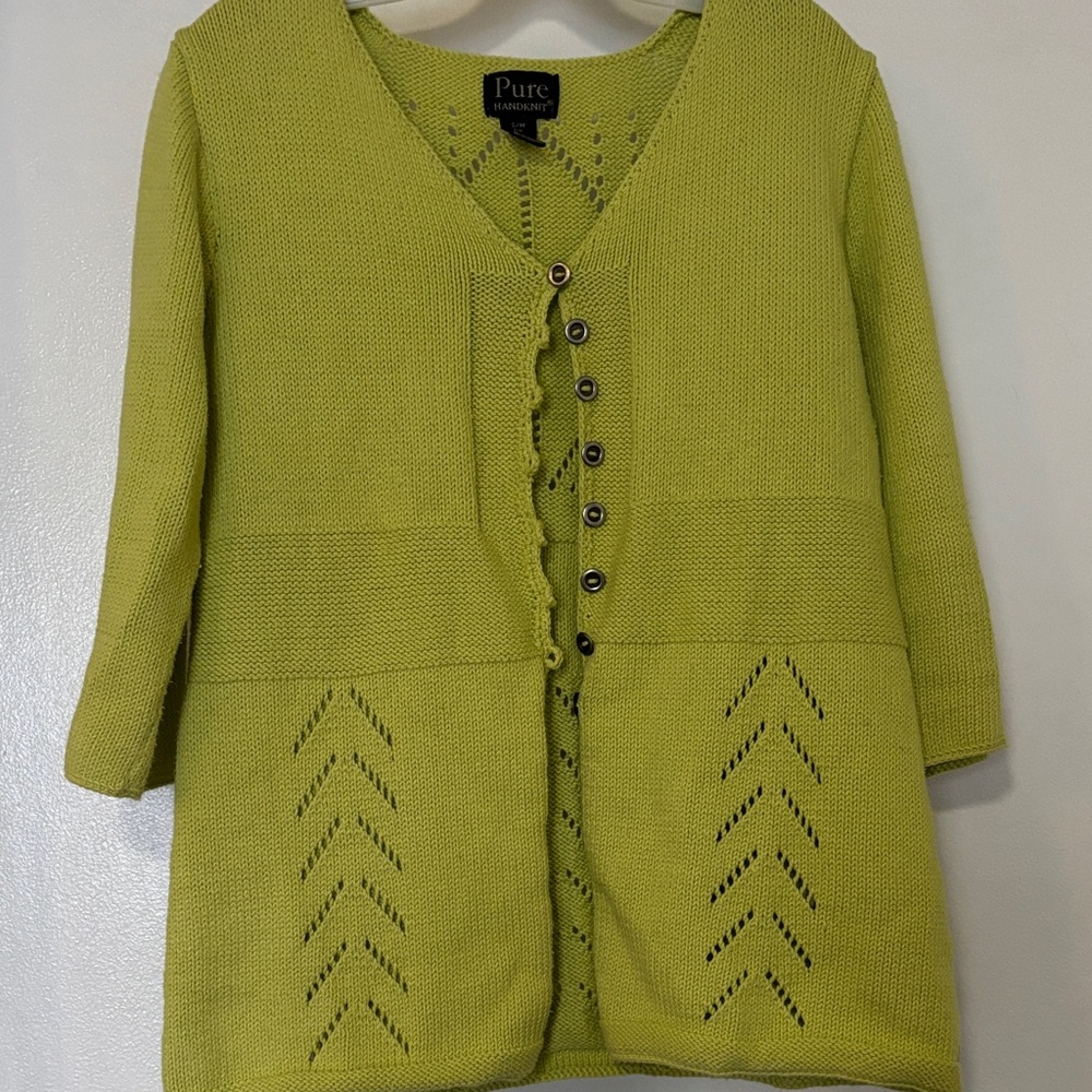 Pure Handknit  Women's Vibrant Lime Green Cardigan with Button Accents